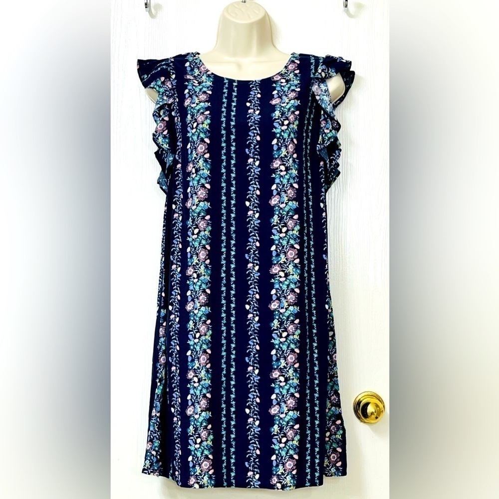 Old Navy Dark Blue Ruffle Shoulder Dress with Pastel Floral Size Small